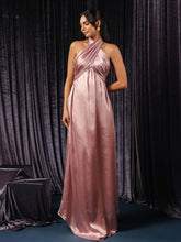Satin Rose Pink Halter Asymmetrical Gown
